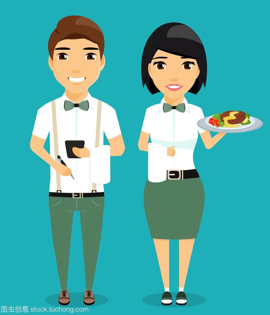 這家伙,女服務(wù)員。藍(lán)色背景的卡通風(fēng)格上孤立